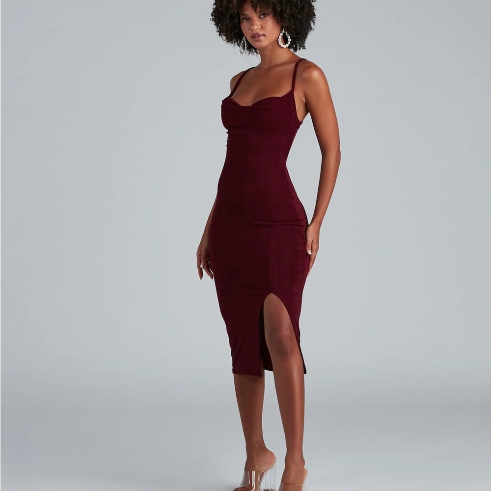 Cowl Neck Burgundy Midi Dress With Slit